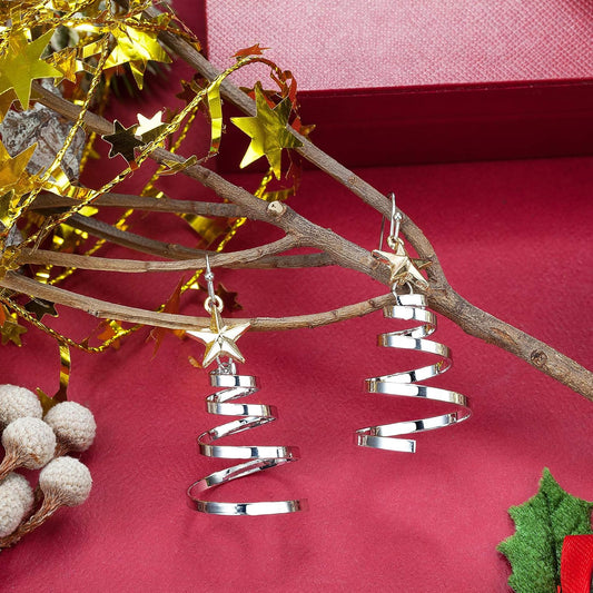 Handmade Christmas Tree Dangle Hoop Earrings Golden Silver Two Tone Women Holiday Gift, Thanksgiving Themed Earrings, Christmas Party Gift
