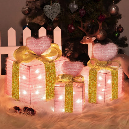 Christmas Joy Lighted Gift Boxes Decorations Set of 3, 2.6Ft Stackable Christmas Nesting Boxes Battery Operated for Home and Party Decoration