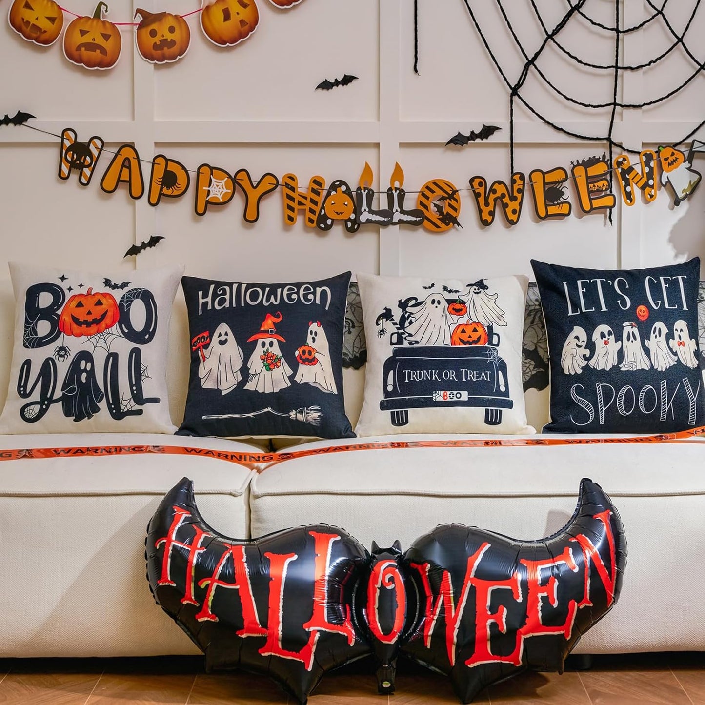 Ghost Halloween Decor-Throw Pillow Covers 18x18 in Set of 4,Spooky Gothic Linen Pillow Case for Couch Fall Christmas Holiday Outdoor Burnt Orange Black White Decorations