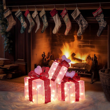 Christmas Joy Lighted Gift Boxes Decorations Set of 3, 2.6Ft Stackable Christmas Nesting Boxes Battery Operated for Home and Party Decoration
