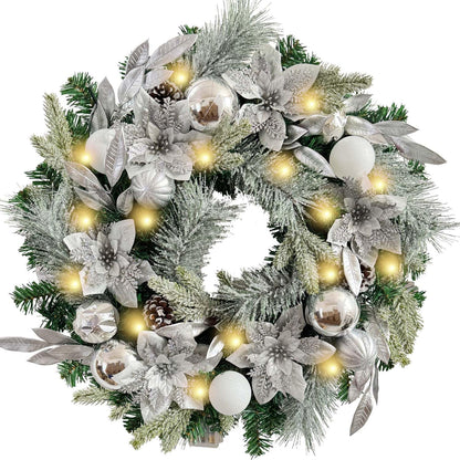 Pre-Lit 24 Inch Lighted Christmas Wreath for Front Door Champagne Gold Christmas Door Wreath Decor with Ball Ornaments, Poinsettia Flowers,Ribbon,Pine Cones,Battery Operated 30 LED Lights