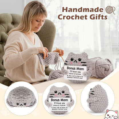 Crochet Cat Easter Basket Stuffers Positive Cat Crochet for Friend for Mom Grandma Dad Grandpa Daughter Son Gifts, Emotional Coworker Sister Brother Support Small Birthday Gifts