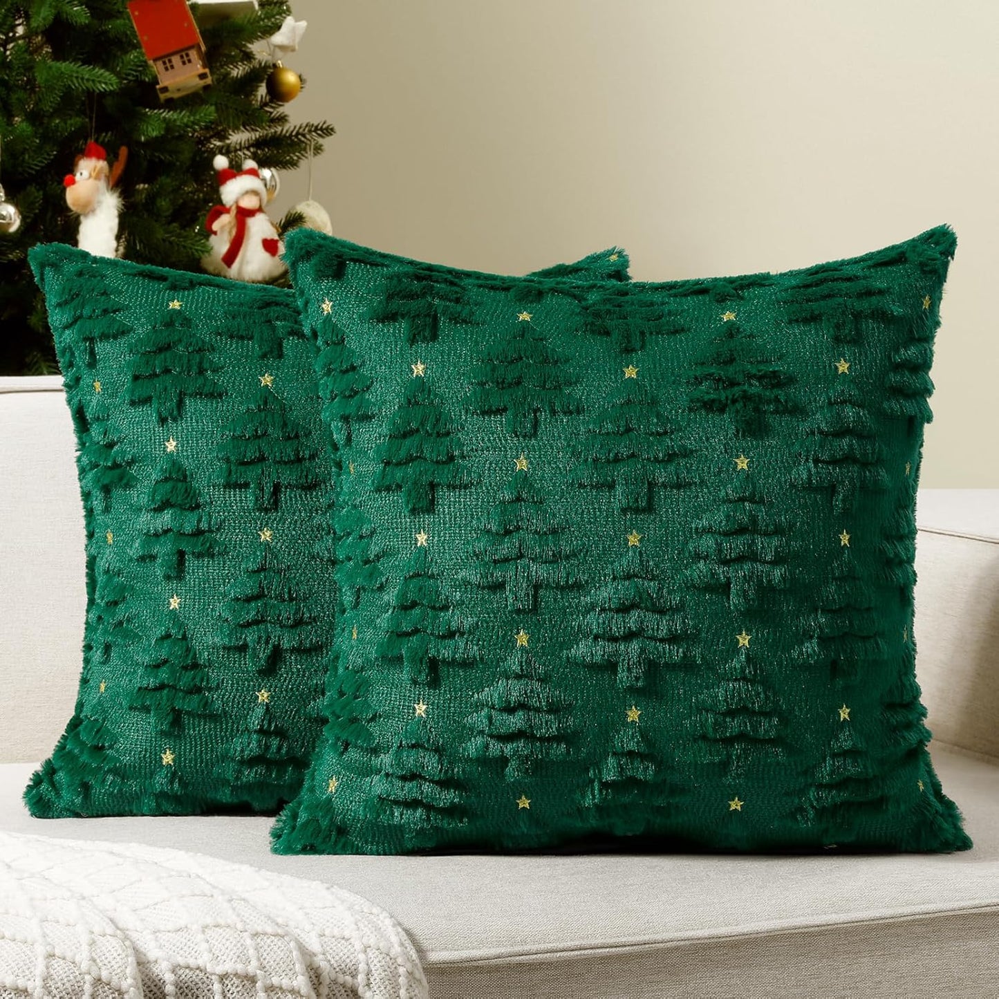 Christmas Throw Pillow Covers Xmas Winter Christmas Tree Faux Fur Cushion Covers, 3D Embroidered Pillow Cases
