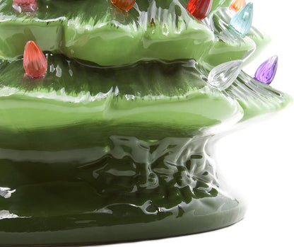 Christmas is Forever Lighted Tabletop Ceramic Christmas Tree, 16 Inch Green Tree with Multicolored Lights