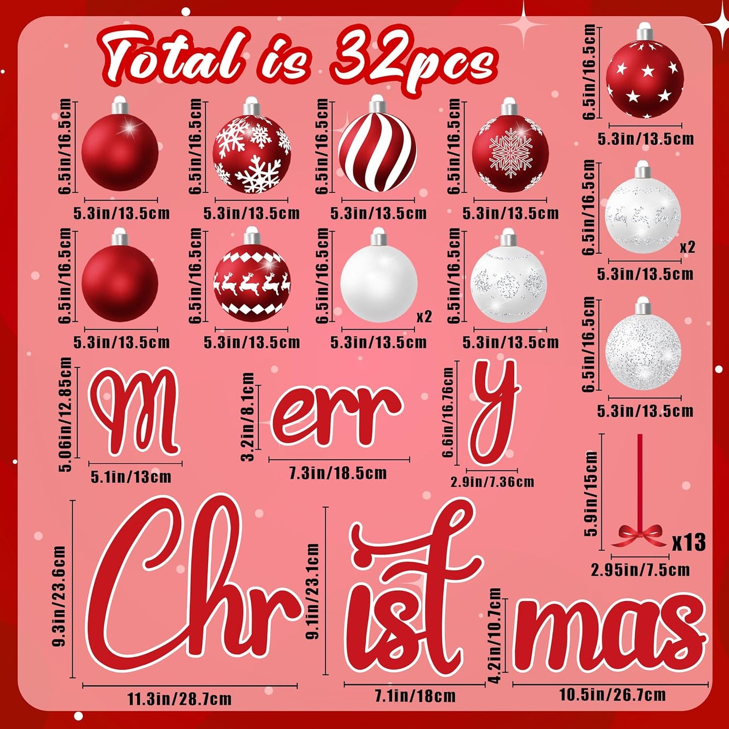 90shine 32PCS Christmas Garage Door Decorations Magnets - Merry Xmas Ball Holiday Refrigerator Fridge Kitchen Decor(Red, Silver)