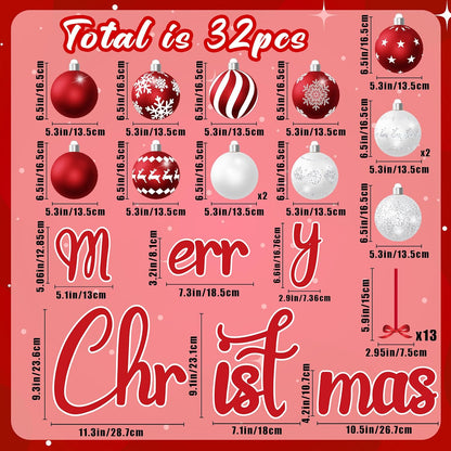 90shine 32PCS Christmas Garage Door Decorations Magnets - Merry Xmas Ball Holiday Refrigerator Fridge Kitchen Decor(Red, Silver)