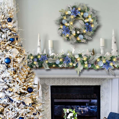Pre-Lit 24 Inch Lighted Christmas Wreath for Front Door Champagne Gold Christmas Door Wreath Decor with Ball Ornaments, Poinsettia Flowers,Ribbon,Pine Cones,Battery Operated 30 LED Lights