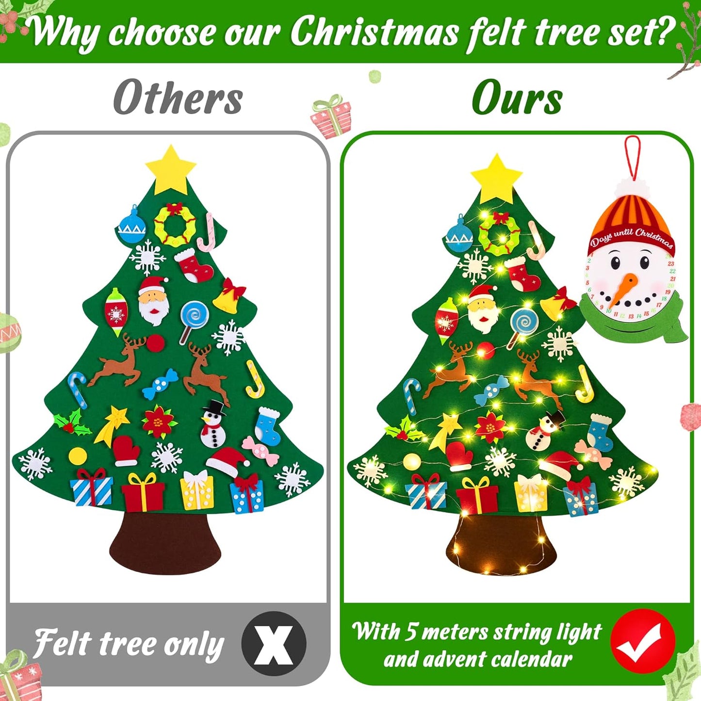 3ft DIY Felt Christmas Tree Set + Snowman Advent Calendar - Xmas Decorations Wall Hanging 33 Ornaments Kids Gifts Party Supplies