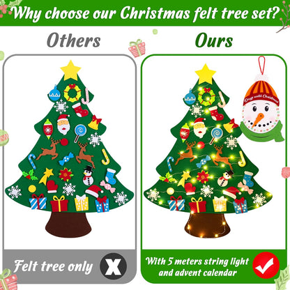3ft DIY Felt Christmas Tree Set + Snowman Advent Calendar - Xmas Decorations Wall Hanging 33 Ornaments Kids Gifts Party Supplies