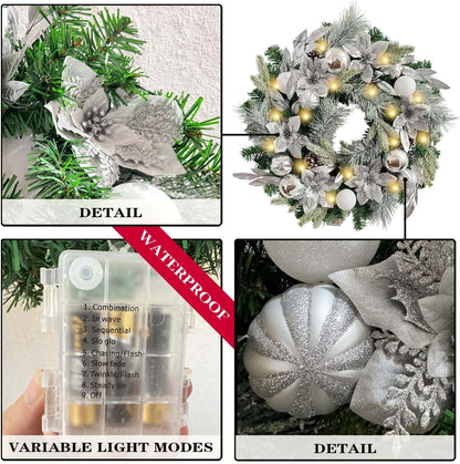 Pre-Lit 24 Inch Lighted Christmas Wreath for Front Door Champagne Gold Christmas Door Wreath Decor with Ball Ornaments, Poinsettia Flowers,Ribbon,Pine Cones,Battery Operated 30 LED Lights