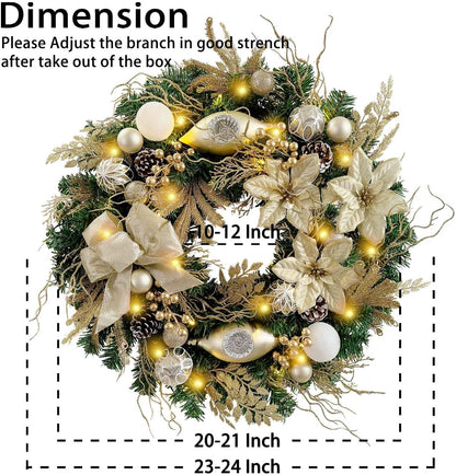 Pre-Lit 24 Inch Lighted Christmas Wreath for Front Door Champagne Gold Christmas Door Wreath Decor with Ball Ornaments, Poinsettia Flowers,Ribbon,Pine Cones,Battery Operated 30 LED Lights