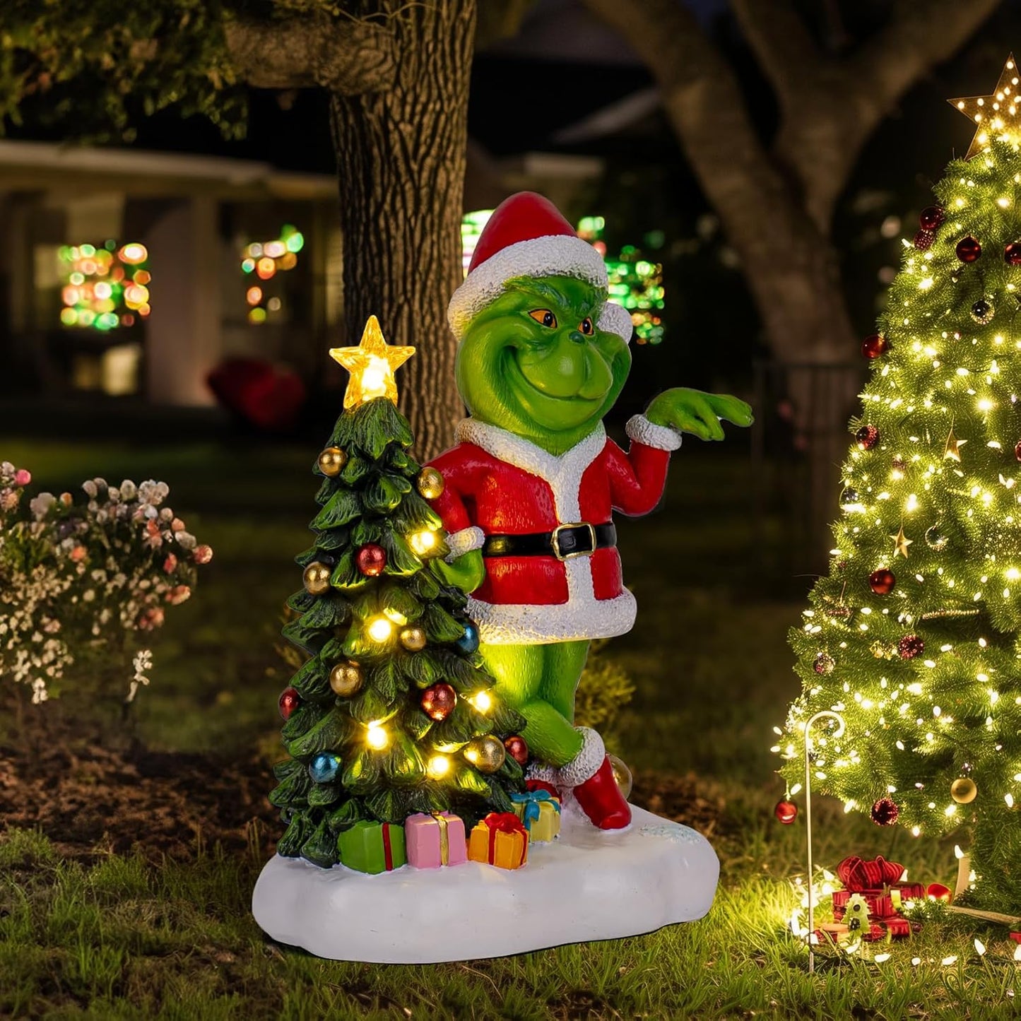 Solar Garden Outdoor Statues Green Monster with Christmas Tree and 6 LED Lights-Christmas Lawn Deco Statue for Patio, Balcony - Unique Christmas Housewarming Gifts