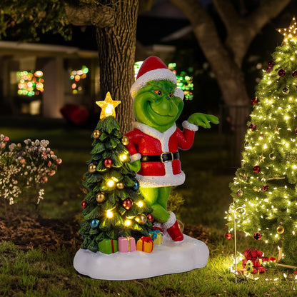 Solar Garden Outdoor Statues Green Monster with Christmas Tree and 6 LED Lights-Christmas Lawn Deco Statue for Patio, Balcony - Unique Christmas Housewarming Gifts