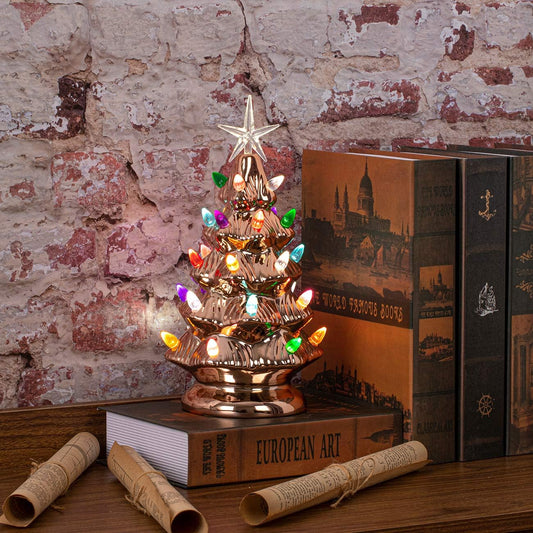 Ceramic Christmas Tree Tabletop Christmas Tree Lights with 28 Multicolored Lights and 1 Star Toppers for Table Top Desk Classic Series Xmas Decoration (Rose Gold)