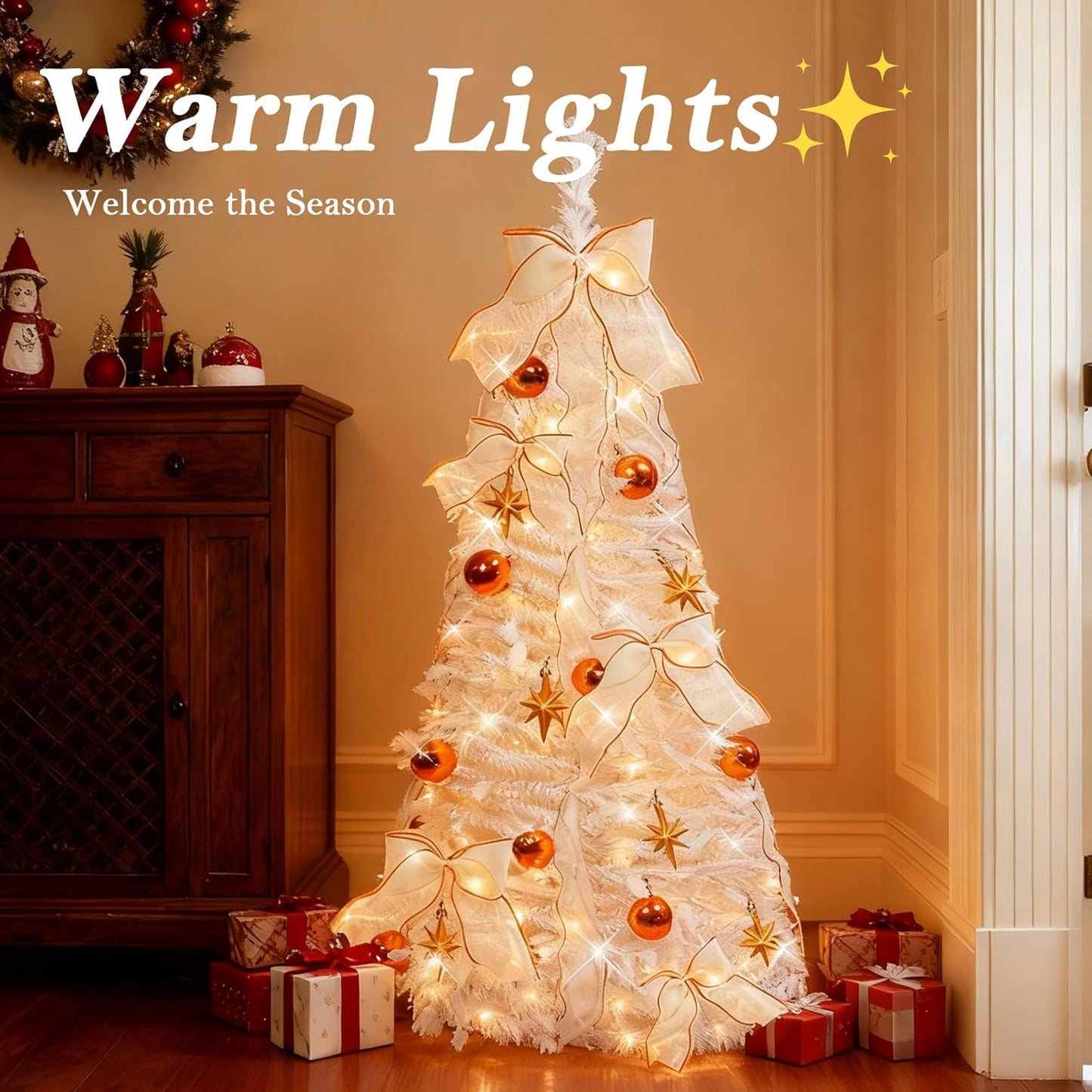 4FT Prelit Pop Up Christmas Tree, Pre-Decorated Collapsible Christmas Tree with 80 Warm White LED Lights, Foldable Artificial Tree for Easy Setup Holiday Decoration