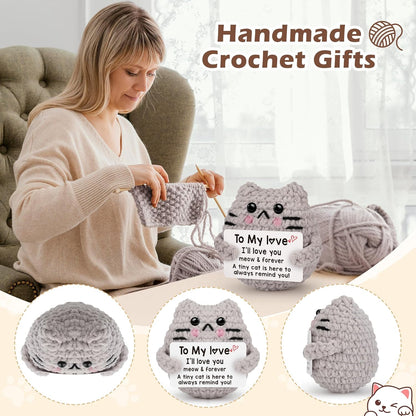 Crochet Cat Easter Basket Stuffers Positive Cat Crochet for Friend for Mom Grandma Dad Grandpa Daughter Son Gifts, Emotional Coworker Sister Brother Support Small Birthday Gifts