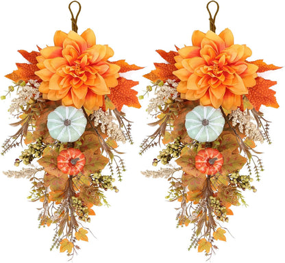 24" Christmas Wreaths for Front Door 2 PCS Christmas Teardrop Swag Winter Wreath with Red Ball Red Berry Pine Needles for Indoor Outdoor Farmhouse Home Wall Window Festival Wedding Decor