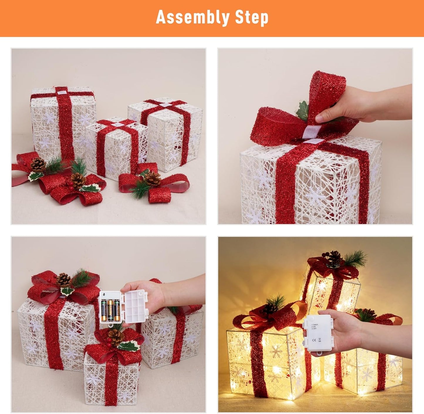 Christmas Decorations, Set of 3 Christmas Lighted Gift Boxes, Battery Operated Xmas Present Boxes, Warm White LED with Bows for Indoor Christmas Tree, Yard, Home Decor