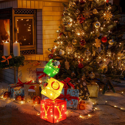 Christmas Joy Lighted Gift Boxes Decorations Set of 3, 2.6Ft Stackable Christmas Nesting Boxes Battery Operated for Home and Party Decoration