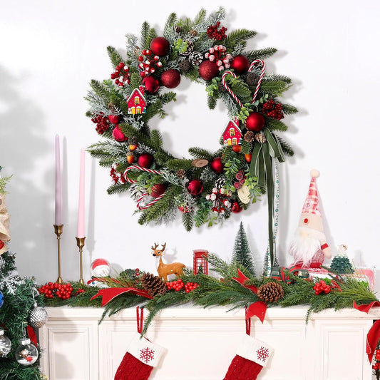 Christmas Wreath Decorations - 20" Christmas Wreaths for Front Door with Candy Canes Christmas Ball Ornaments, Lifelike Pine Cones Berries & Bow, Christmas Door Wreath for Indoor Outdoor Wall Decor