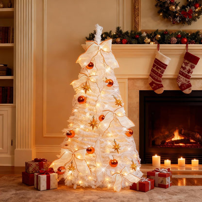 4FT Prelit Pop Up Christmas Tree, Pre-Decorated Collapsible Christmas Tree with 80 Warm White LED Lights, Foldable Artificial Tree for Easy Setup Holiday Decoration