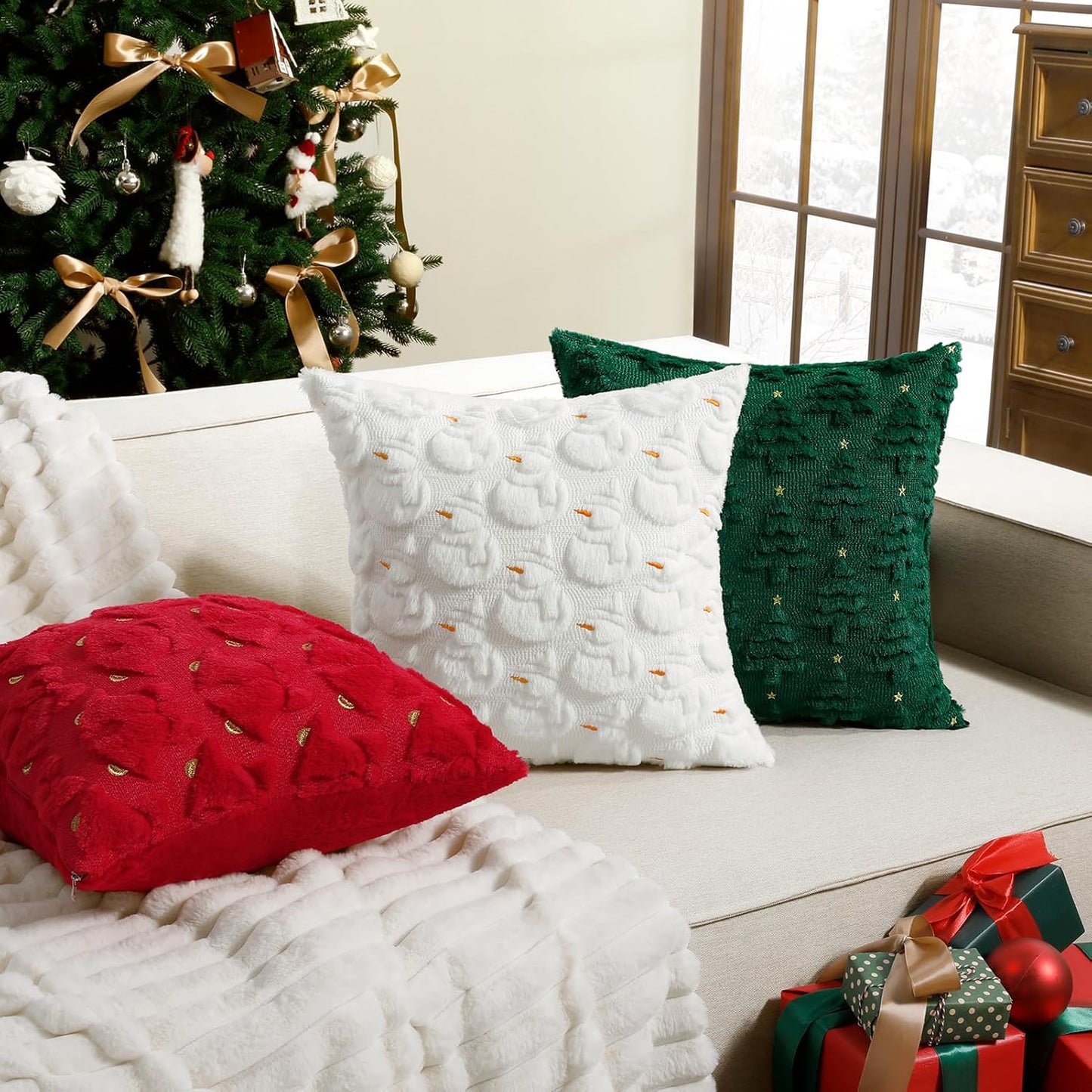 Christmas Throw Pillow Covers Xmas Winter Christmas Tree Faux Fur Cushion Covers, 3D Embroidered Pillow Cases