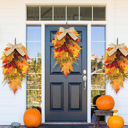 24" Christmas Wreaths for Front Door 2 PCS Christmas Teardrop Swag Winter Wreath with Red Ball Red Berry Pine Needles for Indoor Outdoor Farmhouse Home Wall Window Festival Wedding Decor