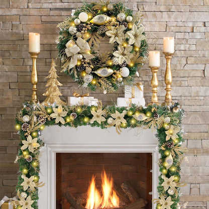 Pre-Lit 24 Inch Lighted Christmas Wreath for Front Door Champagne Gold Christmas Door Wreath Decor with Ball Ornaments, Poinsettia Flowers,Ribbon,Pine Cones,Battery Operated 30 LED Lights