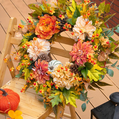 Fall Wreaths for Front Door Outside-24 Inch Autumn Wreath with Dahlia Flowers, Pumpkins, Pinecones, and Eucalyptus Leaves Large Fall Wreath for Thanksgiving, Halloween, Indoor Outdoor Door