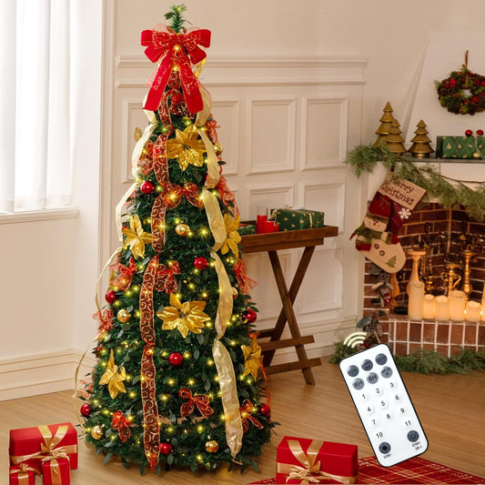 6ft Pre lit Pull-Up Christmas Tree  Collapsible Artificial Pencil Christmas Tree with 300 Warm & Colorful Lights, 11 Modes, Remote & Timer for Holiday Party Decor