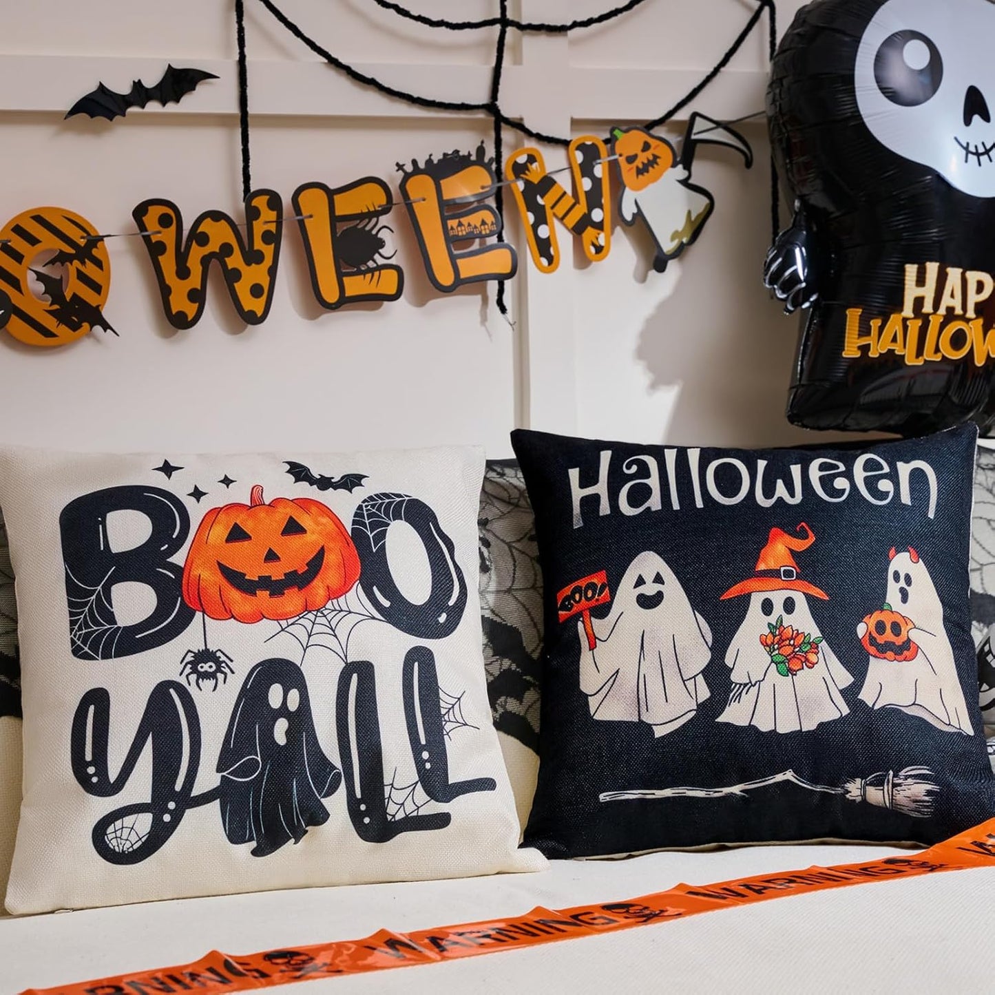 Ghost Halloween Decor-Throw Pillow Covers 18x18 in Set of 4,Spooky Gothic Linen Pillow Case for Couch Fall Christmas Holiday Outdoor Burnt Orange Black White Decorations