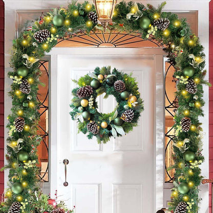 Pre-Lit 24 Inch Lighted Christmas Wreath for Front Door Champagne Gold Christmas Door Wreath Decor with Ball Ornaments, Poinsettia Flowers,Ribbon,Pine Cones,Battery Operated 30 LED Lights