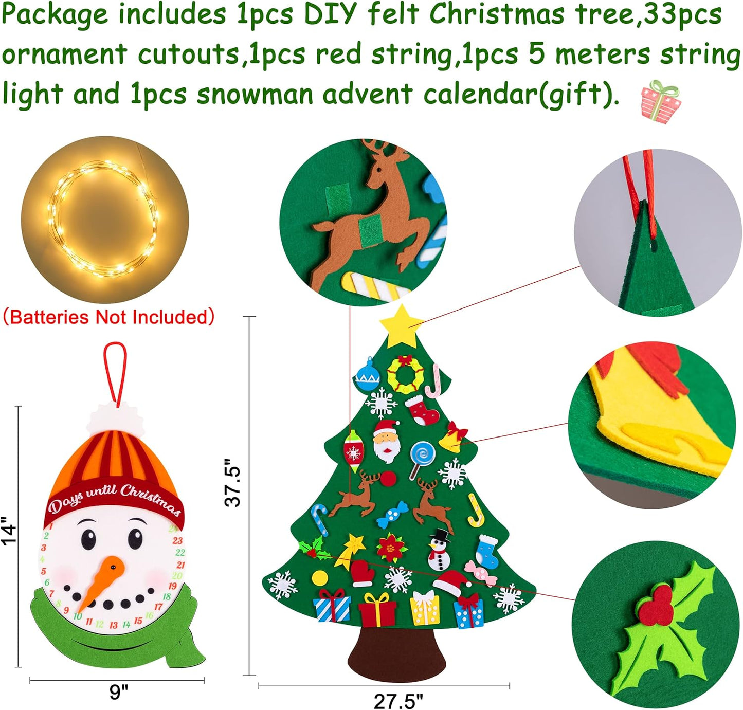 3ft DIY Felt Christmas Tree Set + Snowman Advent Calendar - Xmas Decorations Wall Hanging 33 Ornaments Kids Gifts Party Supplies