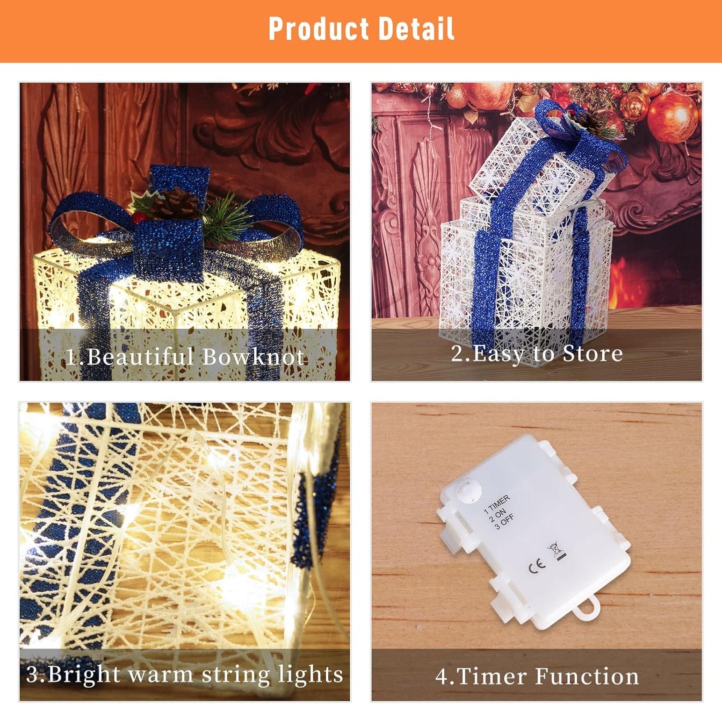 Christmas Decorations, Set of 3 Christmas Lighted Gift Boxes, Battery Operated Xmas Present Boxes, Warm White LED with Bows for Indoor Christmas Tree, Yard, Home Decor
