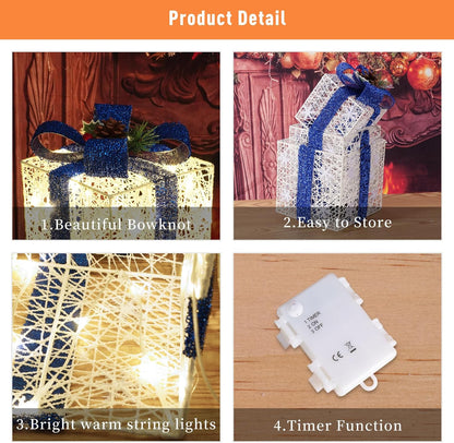 Christmas Decorations, Set of 3 Christmas Lighted Gift Boxes, Battery Operated Xmas Present Boxes, Warm White LED with Bows for Indoor Christmas Tree, Yard, Home Decor