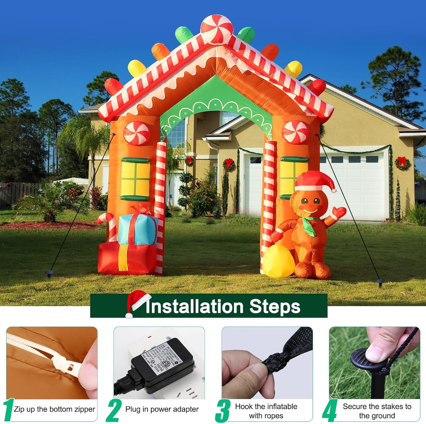 8 FT Christmas Inflatable Santa Claus with Candy and Big Gift Bag Outdoor Decor, Blow Up IP44 Weatherproof Xmas Decorations for Yard, Built-in LED Light for Gardern Lawn Indoor Winter Holiday