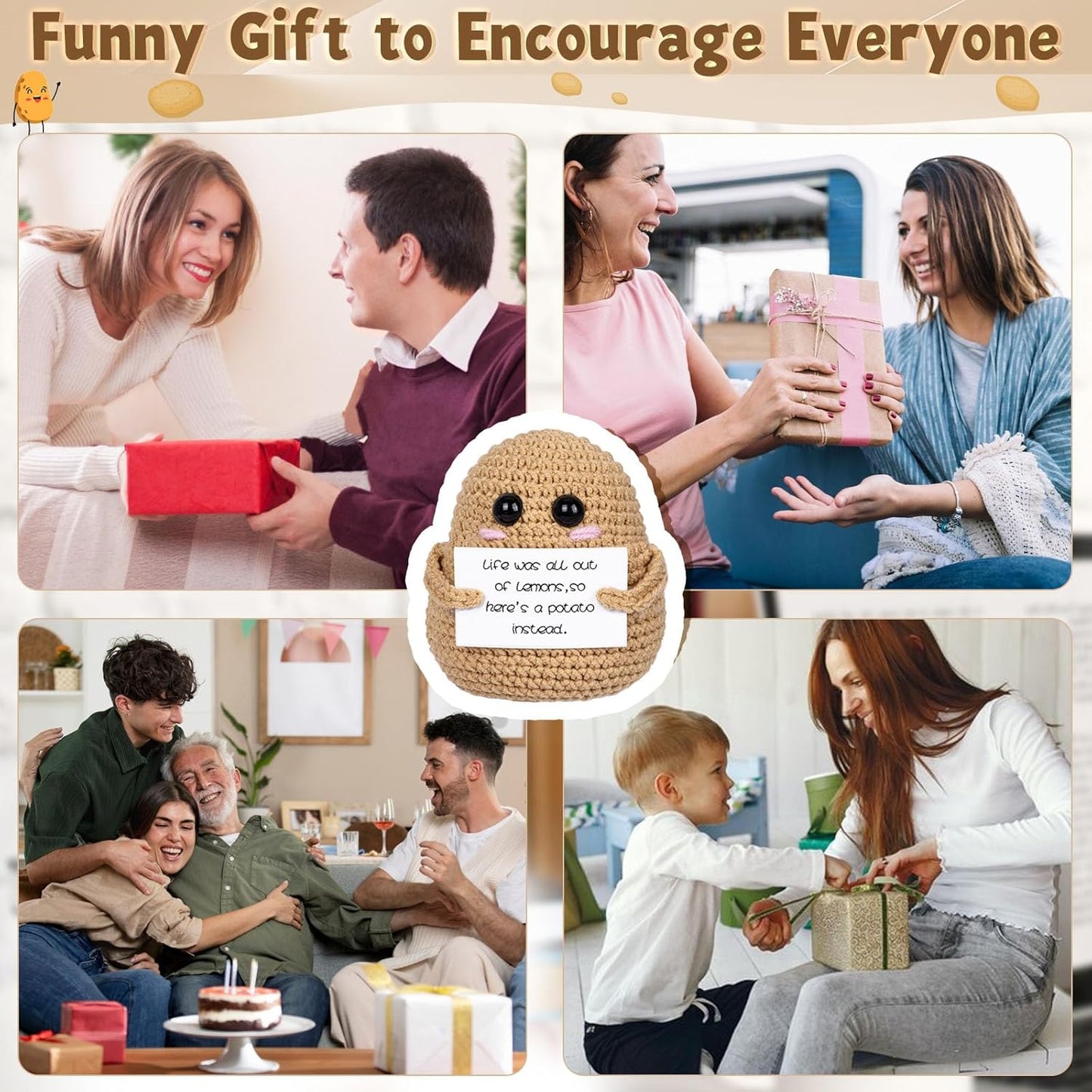 Positive Poo with Affirmations Cards Emotional Crochet Support Positive Energy Gifts for Women Friends Christmas Gag Gift (Brown&Yellow, 2P)