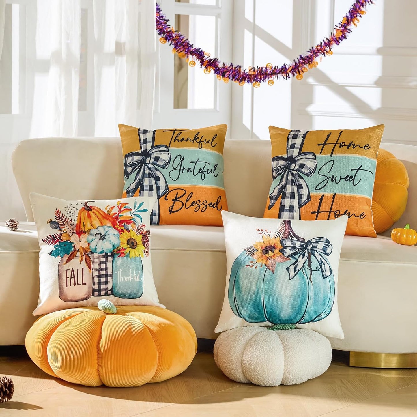 Ghost Halloween Decor-Throw Pillow Covers 18x18 in Set of 4,Spooky Gothic Linen Pillow Case for Couch Fall Christmas Holiday Outdoor Burnt Orange Black White Decorations