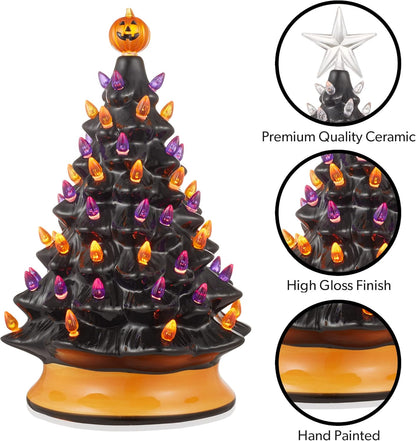 Casafield Hand-Painted Ceramic Halloween Tree, 15-Inch Pre-Lit Decoration with 128 Multi-Color Lights, Jack-O-Lantern and Star Toppers