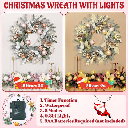 20" Christmas Wreath with Balls, Christmas Door Wreath with Bow Ribbon Berries & Pine Cones Xmas Wreaths for Front Door Wall Home Outdoor Decor