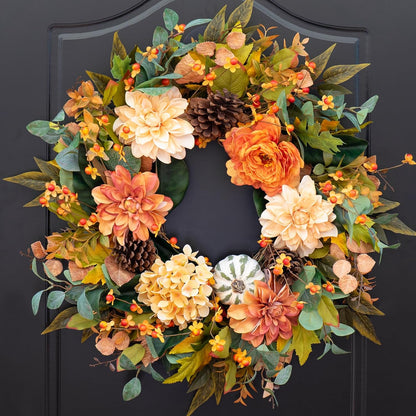 Fall Wreaths for Front Door Outside-24 Inch Autumn Wreath with Dahlia Flowers, Pumpkins, Pinecones, and Eucalyptus Leaves Large Fall Wreath for Thanksgiving, Halloween, Indoor Outdoor Door