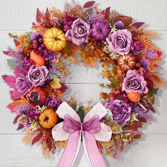 Fall Decor - 2025 Fall Wreaths for Front Door Outside with Blooming Silk Rose, Lifelike Fall Pumpkin Purple Berries & Bow, 18" Fall Door Wreath with Lights for Thanksgiving Door Wall Outside