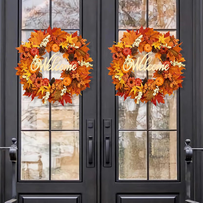 Waipfaru Fall Wreaths for Front Door - 20'' Autumn Wreath with Lights & Welcome Sign & Timer Function, Fall Leaf Reef Farmhouse Thanksgiving Decor for Outdoor Porch Patio