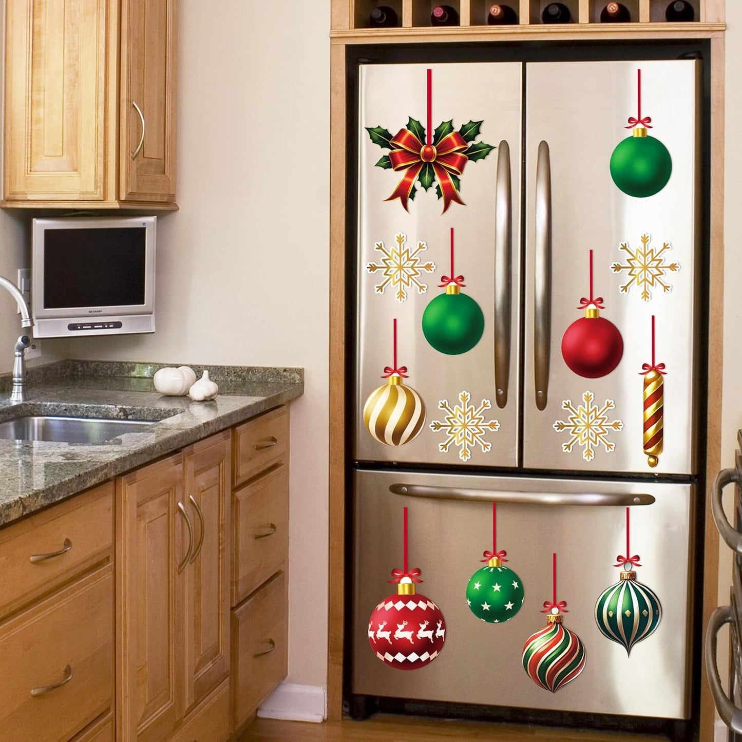 90shine 32PCS Christmas Garage Door Decorations Magnets - Merry Xmas Ball Holiday Refrigerator Fridge Kitchen Decor(Red, Silver)