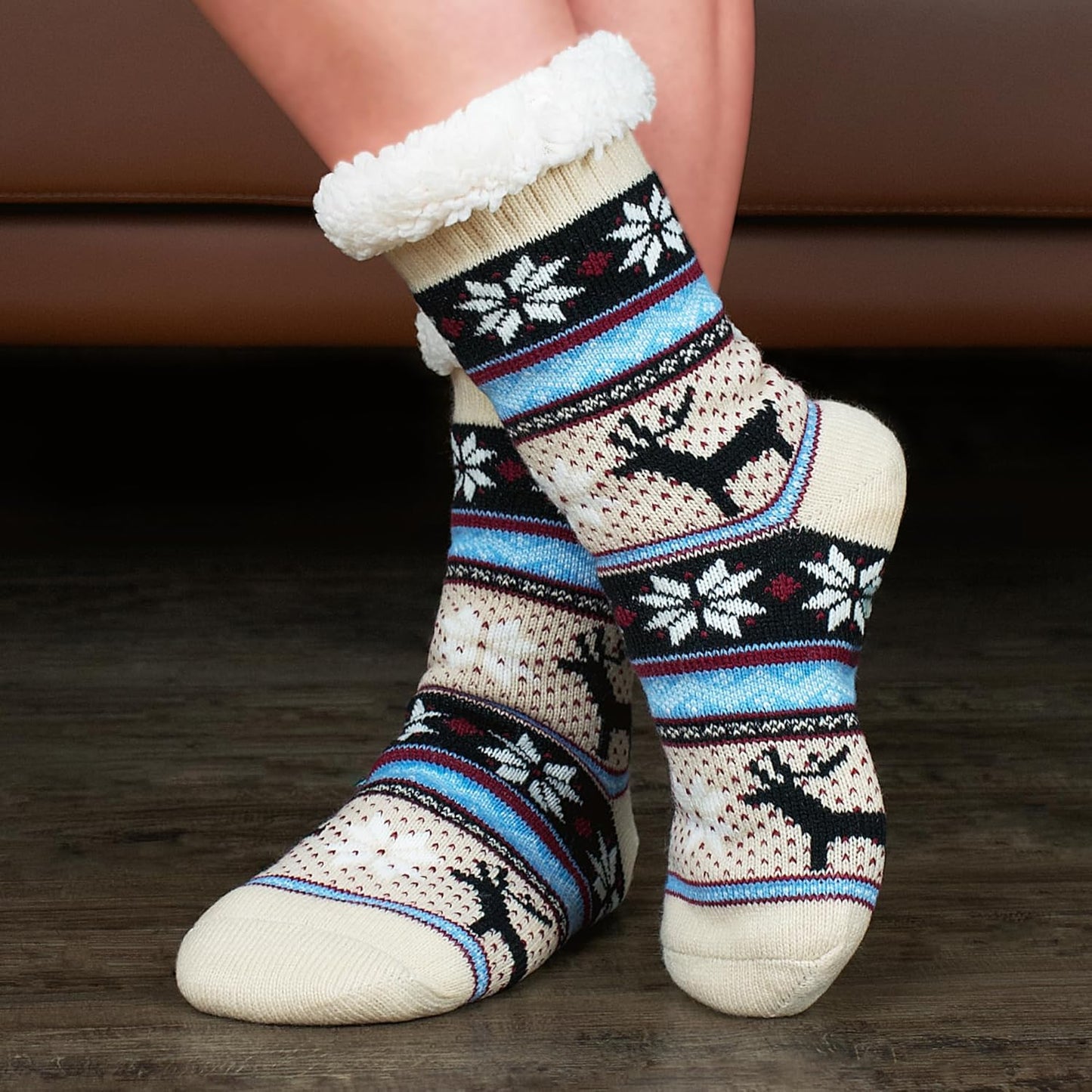 Women's Fuzzy Slipper Socks with Non-Slip Grippers, Cozy Fluffy Sherpa Lined, Cute Christmas Gifts