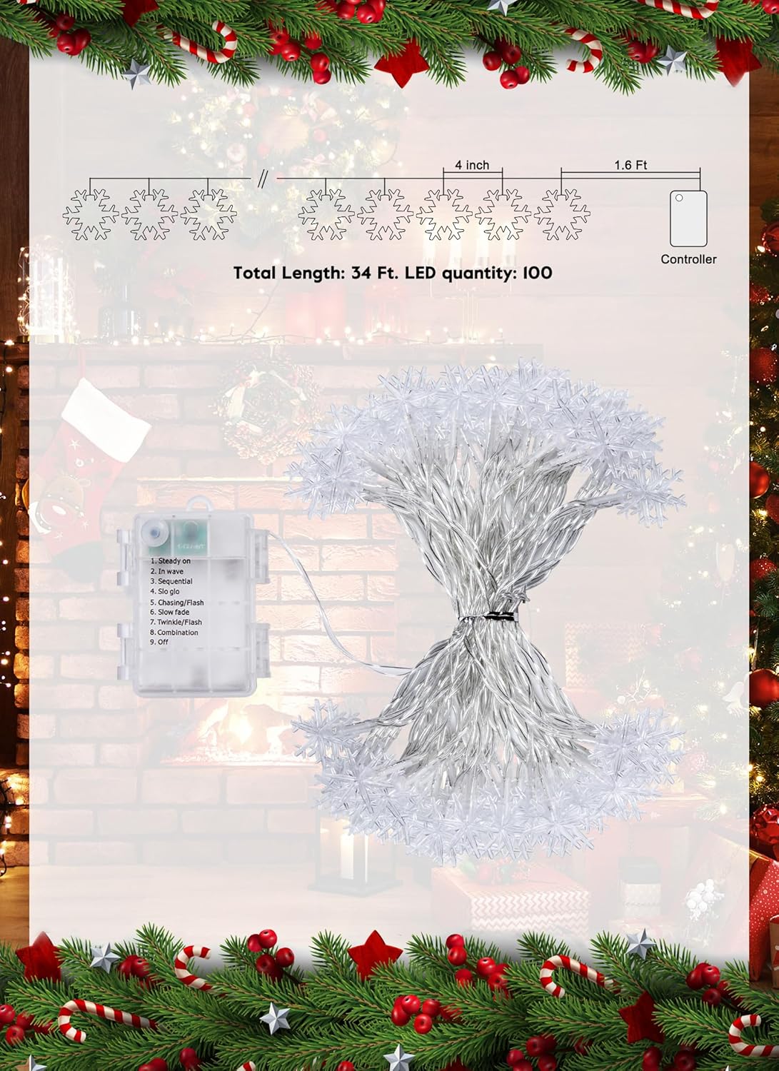 2 Pack Christmas Snowflakes Lights, 26 Ft 50 LED Snowflake String Lights Battery Operated, 8 Lighting Modes Waterproof Shatterproof Fairy Light for Bedroom Home Indoor Outdoor Xmas Christmas Decor