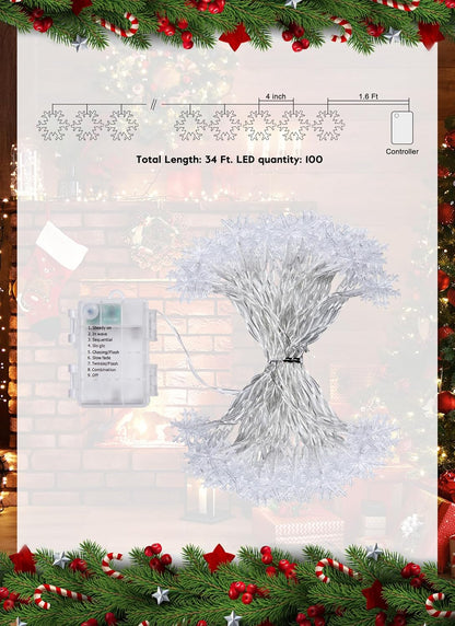 2 Pack Christmas Snowflakes Lights, 26 Ft 50 LED Snowflake String Lights Battery Operated, 8 Lighting Modes Waterproof Shatterproof Fairy Light for Bedroom Home Indoor Outdoor Xmas Christmas Decor