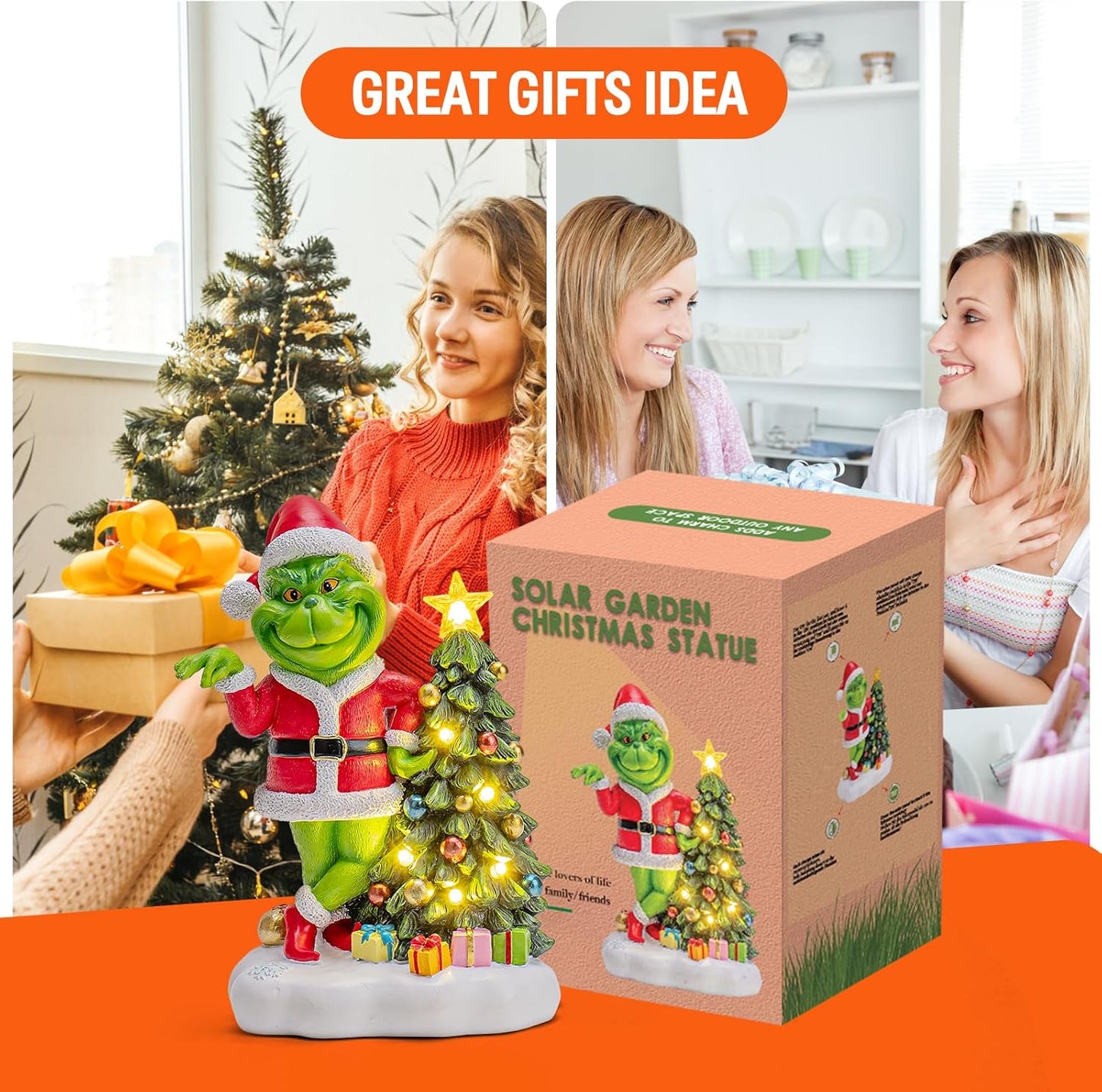 Solar Garden Outdoor Statues Green Monster with Christmas Tree and 6 LED Lights-Christmas Lawn Deco Statue for Patio, Balcony - Unique Christmas Housewarming Gifts