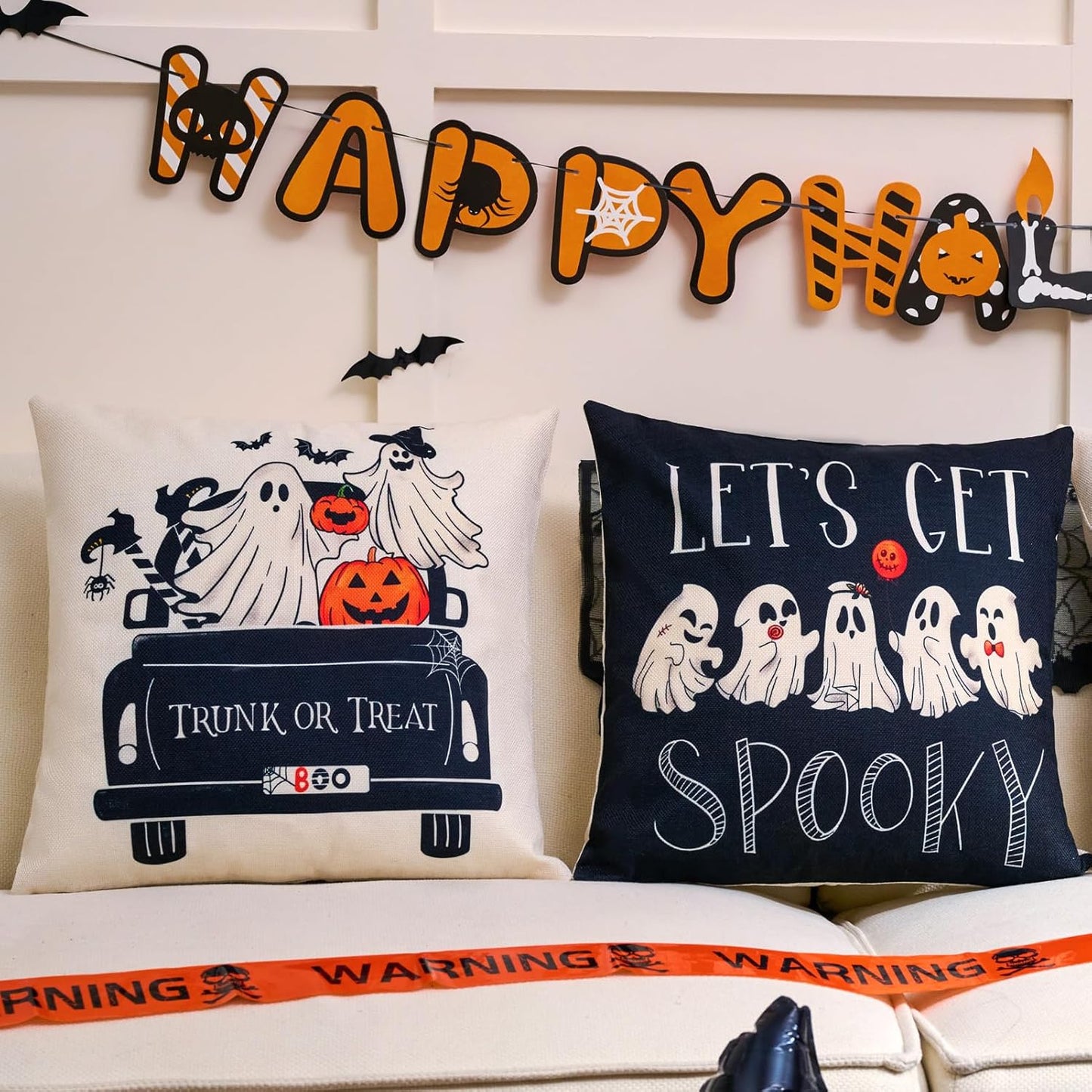 Ghost Halloween Decor-Throw Pillow Covers 18x18 in Set of 4,Spooky Gothic Linen Pillow Case for Couch Fall Christmas Holiday Outdoor Burnt Orange Black White Decorations