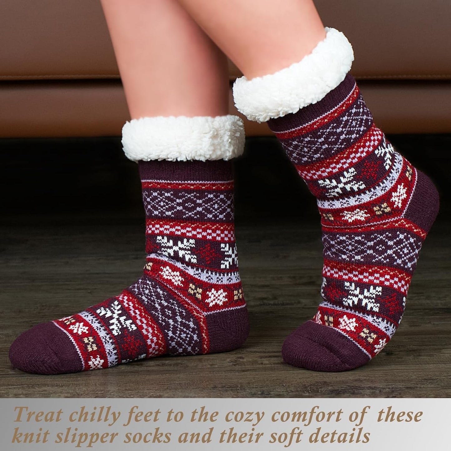 Women's Fuzzy Slipper Socks with Non-Slip Grippers, Cozy Fluffy Sherpa Lined, Cute Christmas Gifts